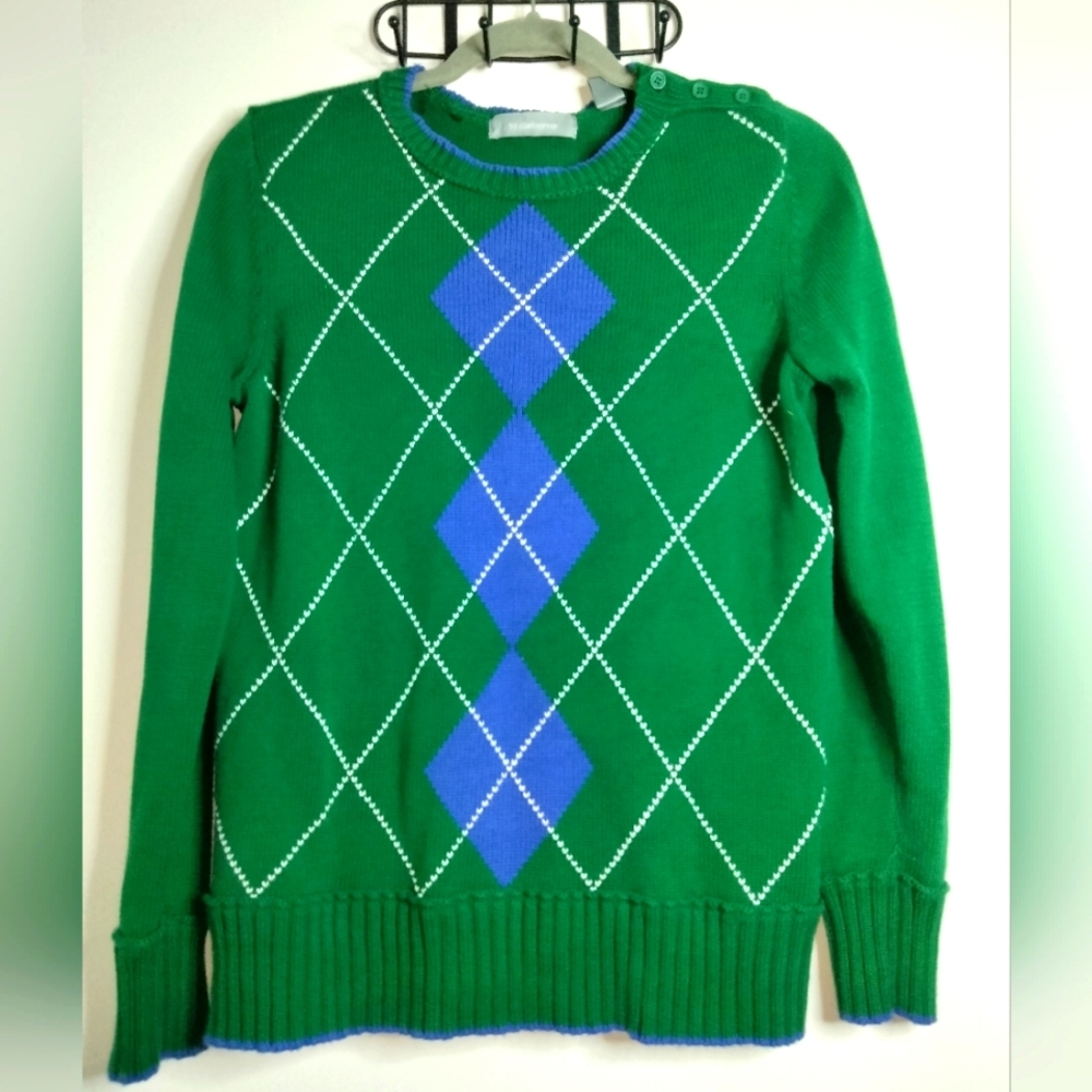 Liz Claiborne (Size S) Green & Blue Argyle Crewneck LS 100% Cotton Knit Sweater